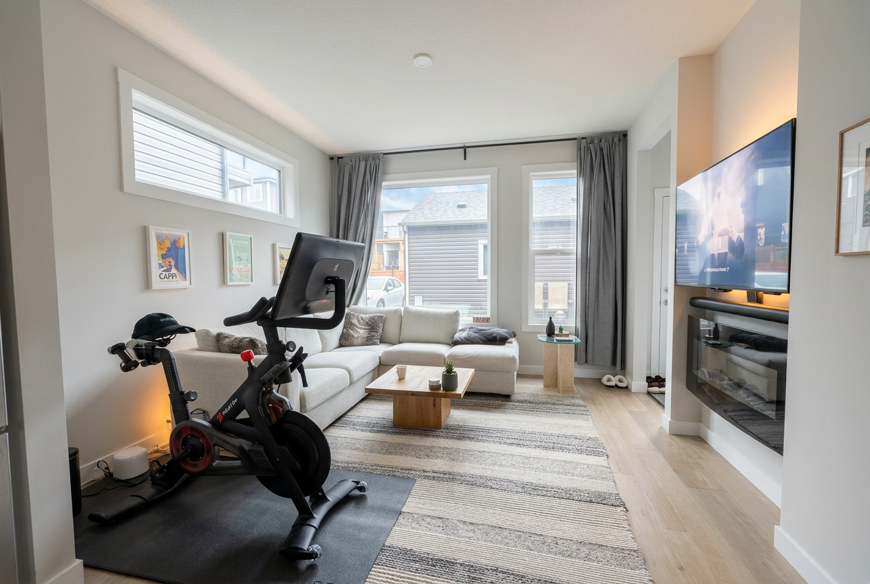 Listing-grade living room with neutral white balance and lifted shadows